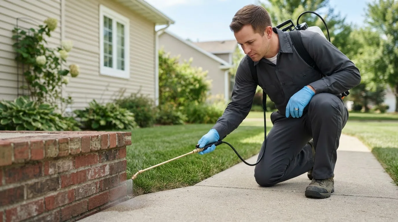 Pest control technician treating a home near Newfields, NH