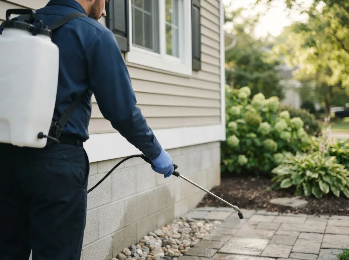 Pest control technician inspecting a home in Newfields, NH